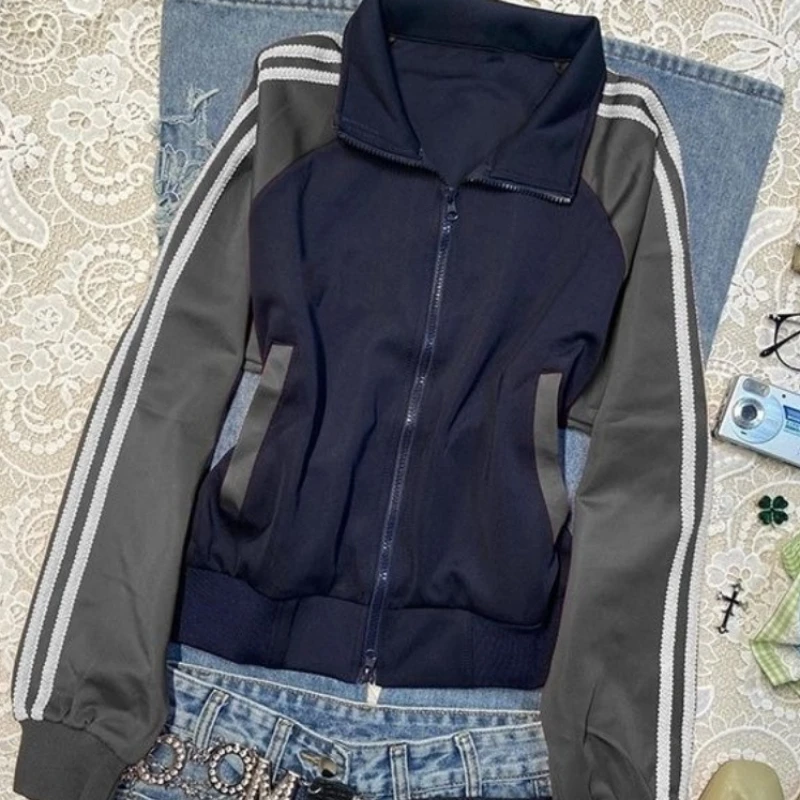 ديبتاون خمر Y2k النساء سترات للعبة البيسبول Harajuku مخطط المرقعة سستة معاطف الكورية نمط رياضي سترات كبيرة الحجم غير رسمية