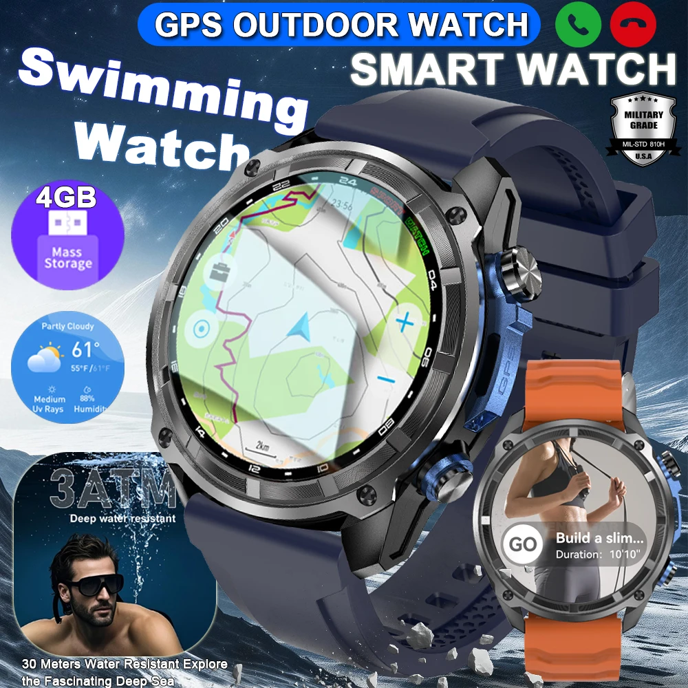 

2025 Новые GPS Смарт-часы для мужчин 1,43 дюйма AMOLED Corning Glass 860 мАч Компас 4 ГБ Память GPS Карта Bluetooth Вызовы SmartWatch Водонепроницаемые