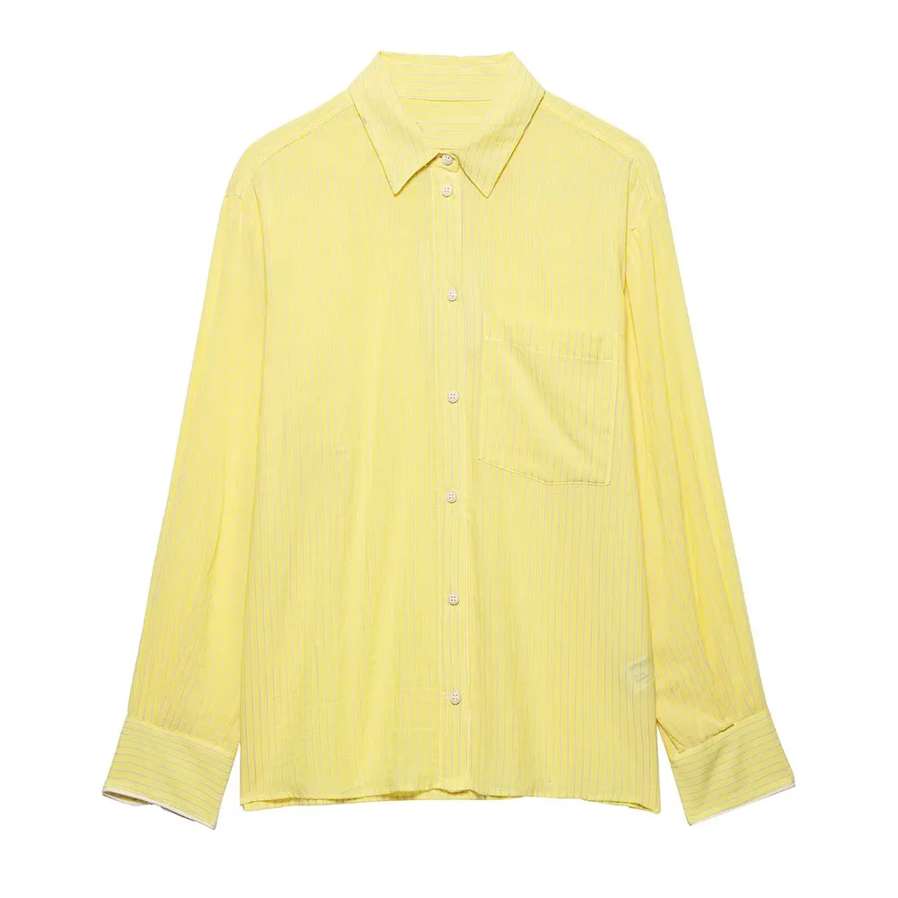 

TRAF& Women 2025 Spring New Fashion Tongle Wind Striped Casual Shirt Unique Lapel Joker Button Long Sleeve Shirt Blouses Mujer