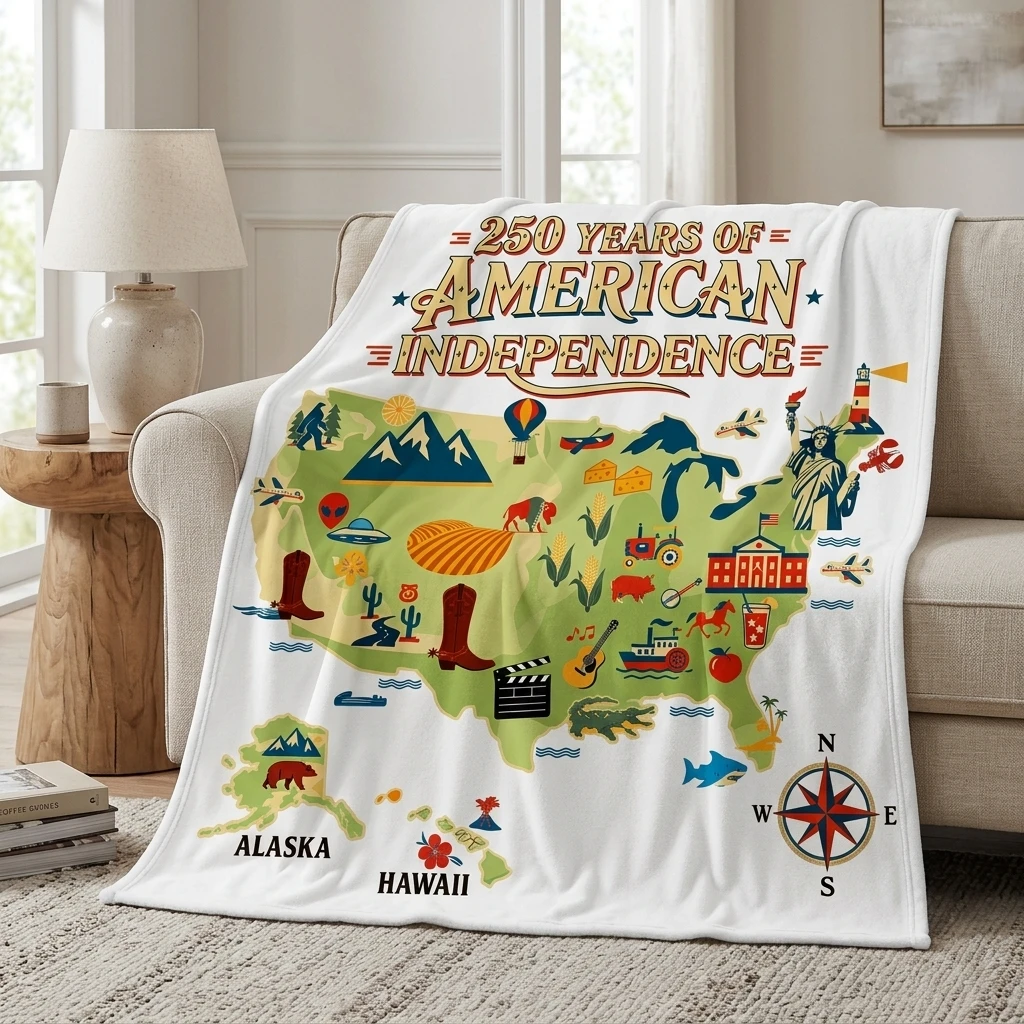 1PC USA Landmarks & Symbols Cartoon Map Thickened Flannel Blanket, Cozy Portable Fleece Throw, Great Gift for Boys Girls