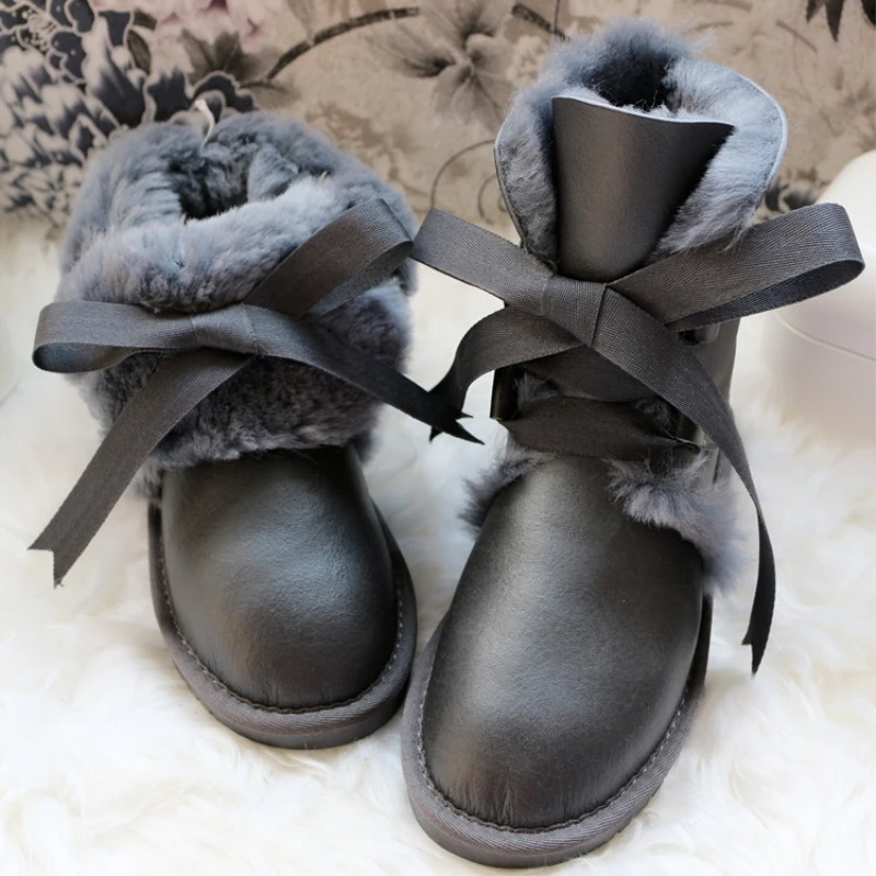 G&Zaco WinterWomen Wool Boots Genuine Sheepskin Snow Boots Black Leather Lace Boots Waterproof Female Flat Warm Shoes