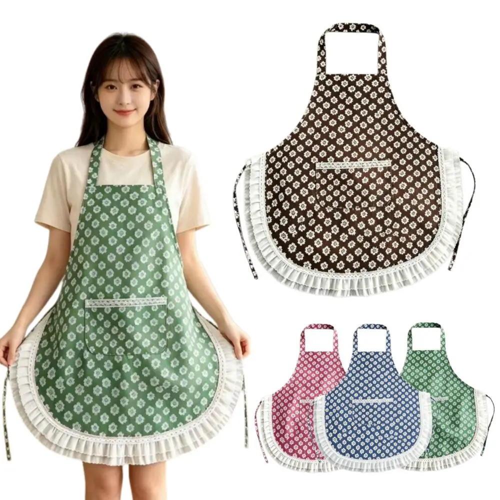 New Lace Design Ruffled Trim Apron Stain-proof Breathable CookingApron Canves Small Flowers Household Apron Home Use