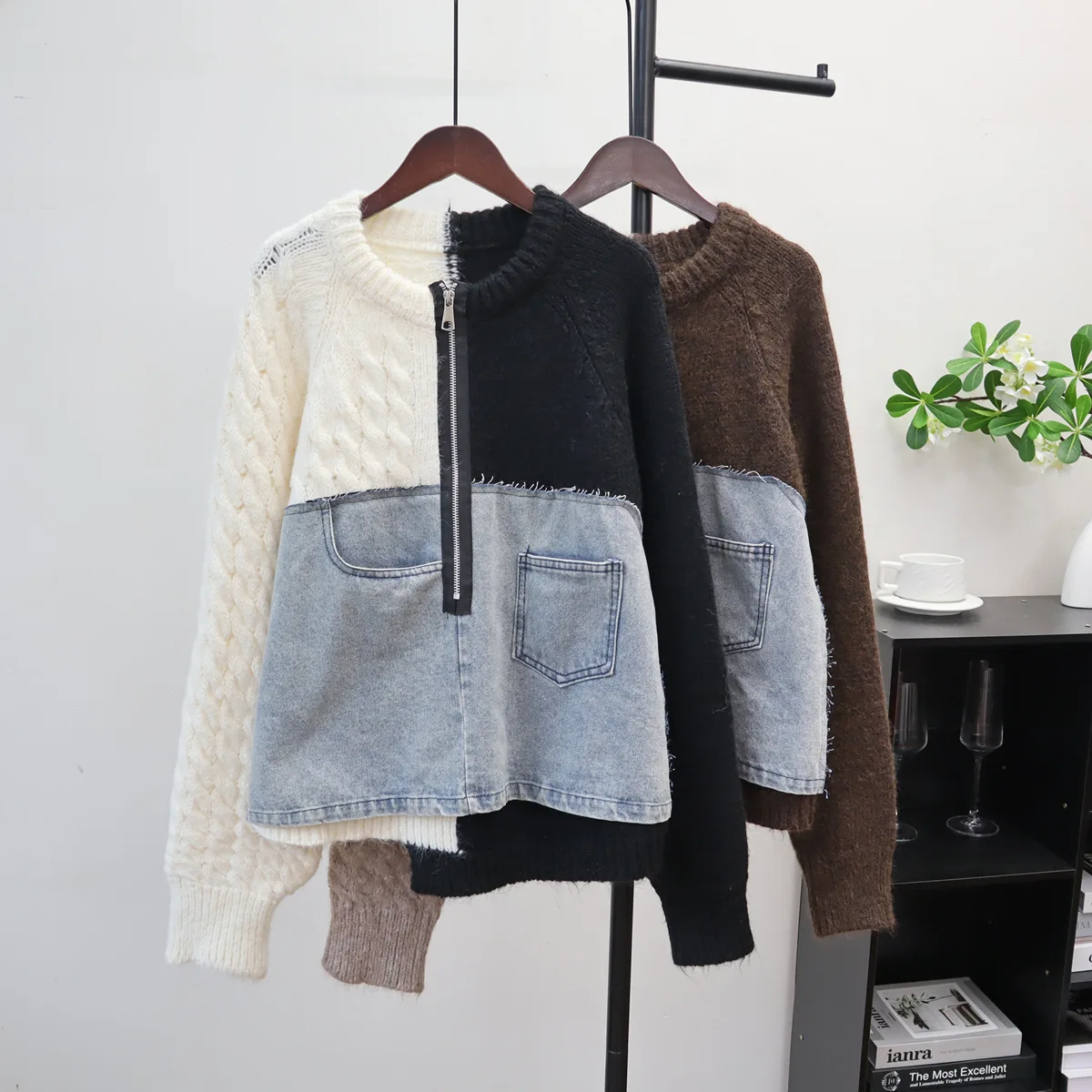 

SuperAen 2026 Autumn and Winter New Korean-style Loose Casual Design Sweater Jacket Women Zipper Patchwork Denim Pullover Coats