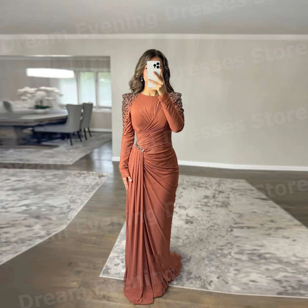 Proste suknie wieczorowe dla kobiet Mermaid Spersonalizowane suknie wieczorowe z koralikami O Neck Plisowane suknie na bal maturalny z długim rękawem Formal Party Vestidos Para Mujer