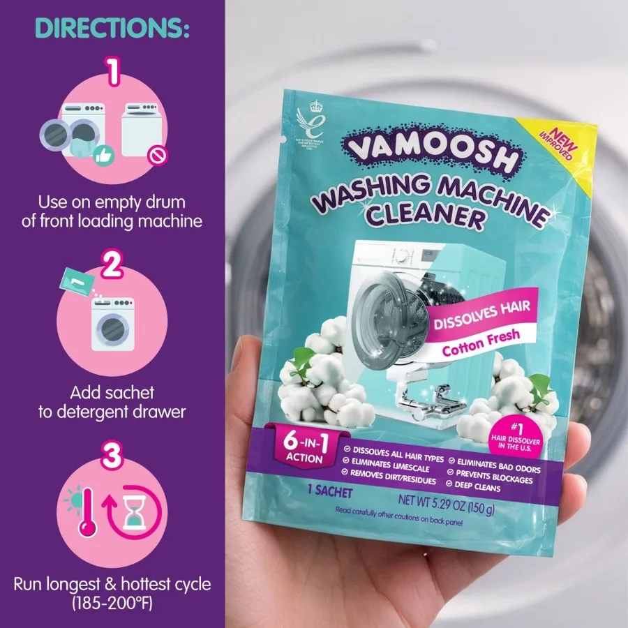 Washing Machine Cleaner with Hair Dissolver & Detergent Boosters, Cotton Fresh Scent, 5.29oz, Paraben‑Free Powder in Pouch