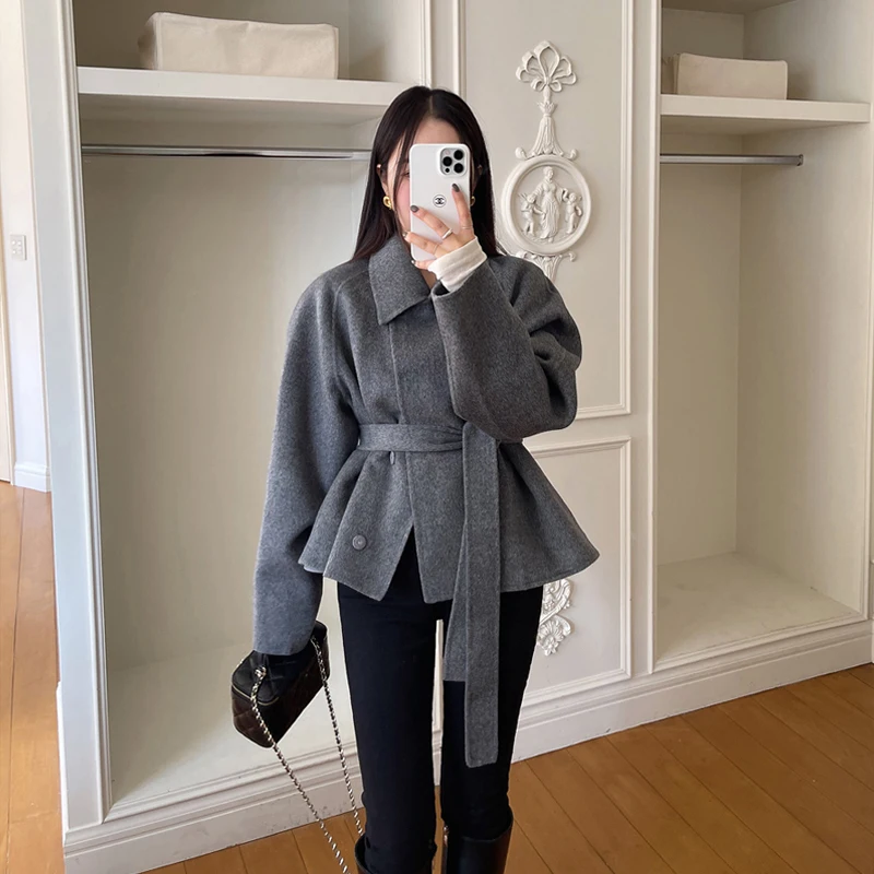 Clothland Women Elegant Solid Woolen Jacket Belt Long Sleeve Sashes Autumn Winter Office Wear Coats Mujer CB109