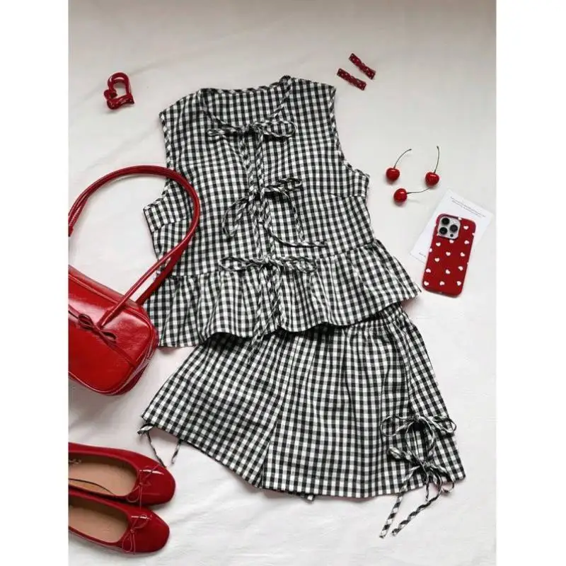 

Женский осенний клетчатый повседневный спортивный костюм без атласа с галстуком-бабочкой спереди Seven Sve Brand Unbranded