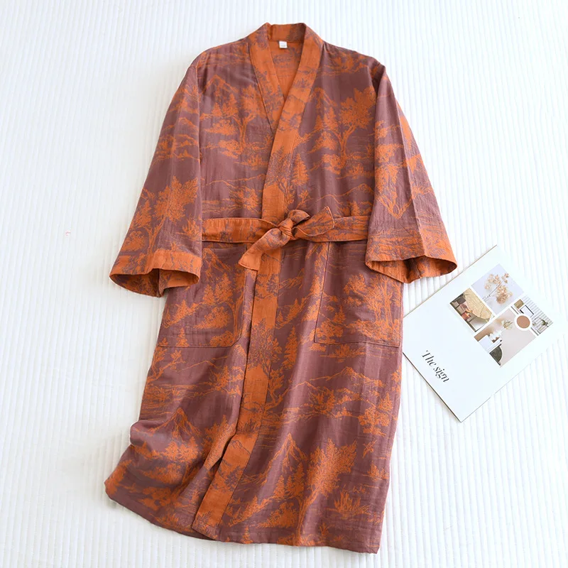 Couple Nightgown Cotton Gauze Jacquard Fabric Home Clothing Long Sleeves Loose Belt Bathrobe Japanese Style Kimono Robe Pajama