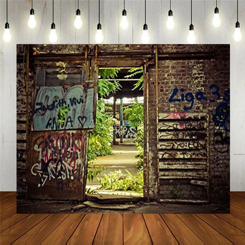 

Rustic Deserted Hut Photography Background Graffiti Wall Green Floral Photo Backdrop Hip Hop Back To 70s 80s 90s Birthday Party