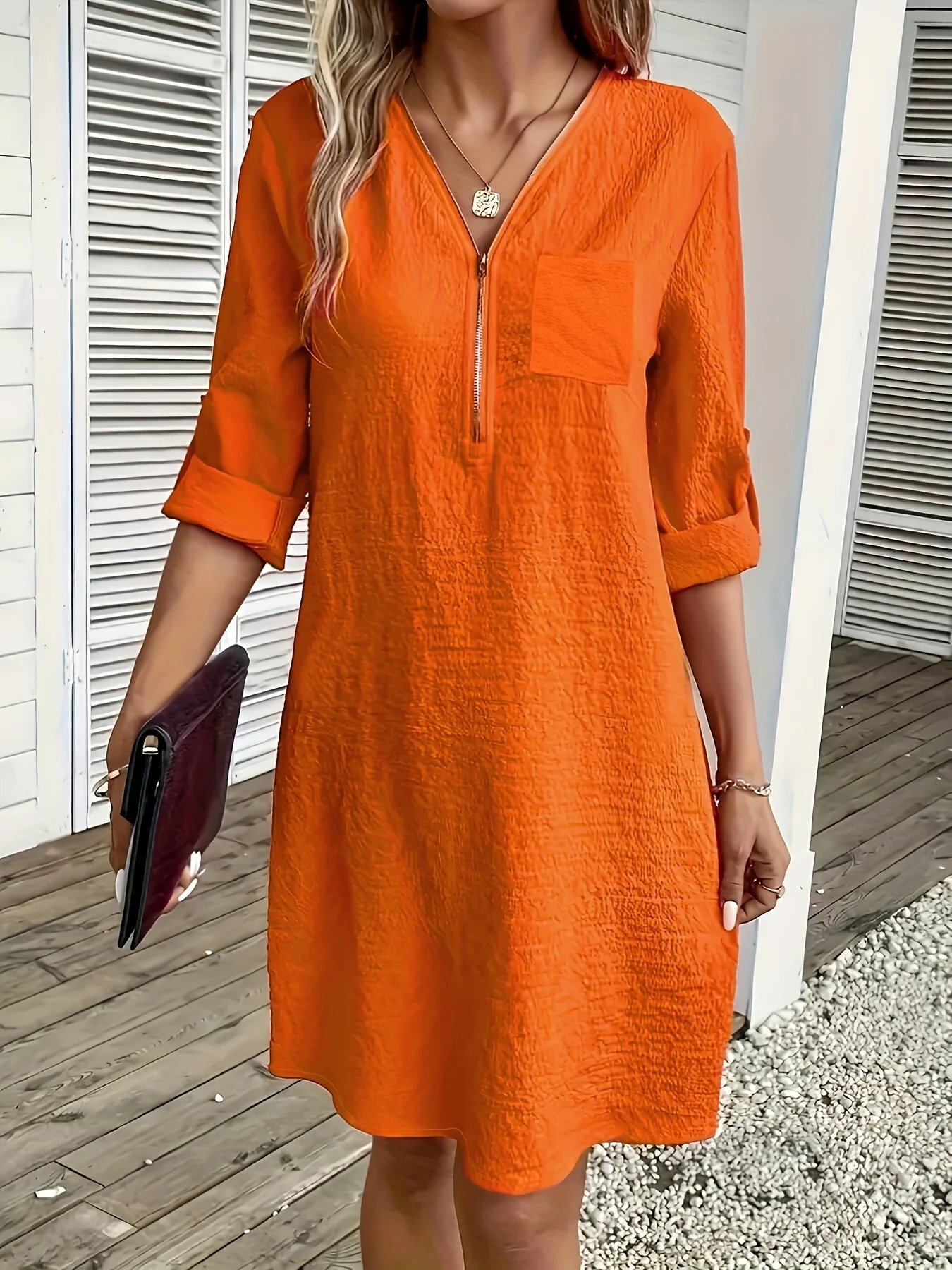 Plus size autumn elegant simple solid color zip-up V-neck dress straight sleeve sleeve rope office  wear  loose version 1XL-5XL