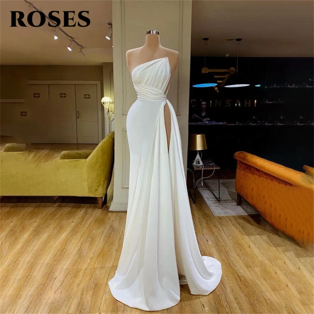 

ROSES White Mermaid Elegant Sexy Wedding Party Dress Side Split Celebrity Dress Sleeveless Special Occasion Dress robes du soir