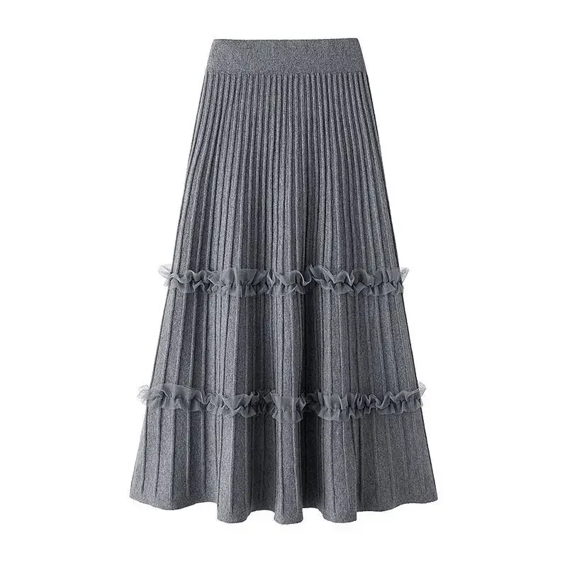 Pleated Skirt Women's Autumn Winter High Waist Mid-length Knitted Mesh Long Skirts Korean Dongdaemun Quality Clothing Traf 2024