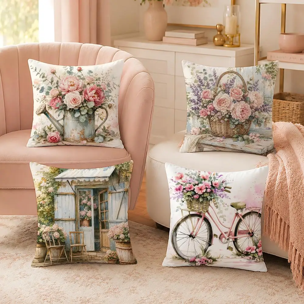 Country Flower Bicycle Vintage Cushion Cover Custom Plush Pillow Cover Soft Cloud Comfort for Sofa Bed Couch