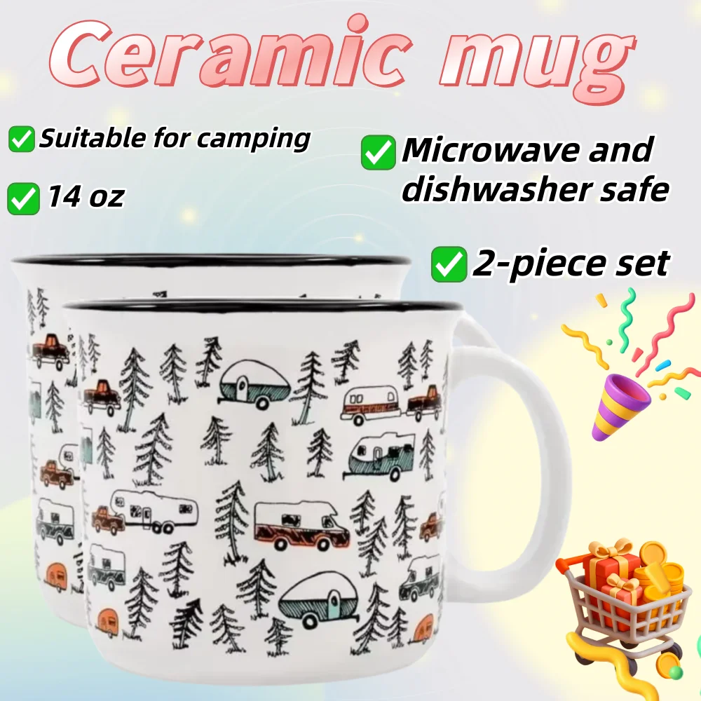 

(2 Pack) Camping Mug Set 4-Piece 14oz - Multicolor Ceramic Cups for Outdoor Picnic Home Kitchen, Durable Dishwasher Safe