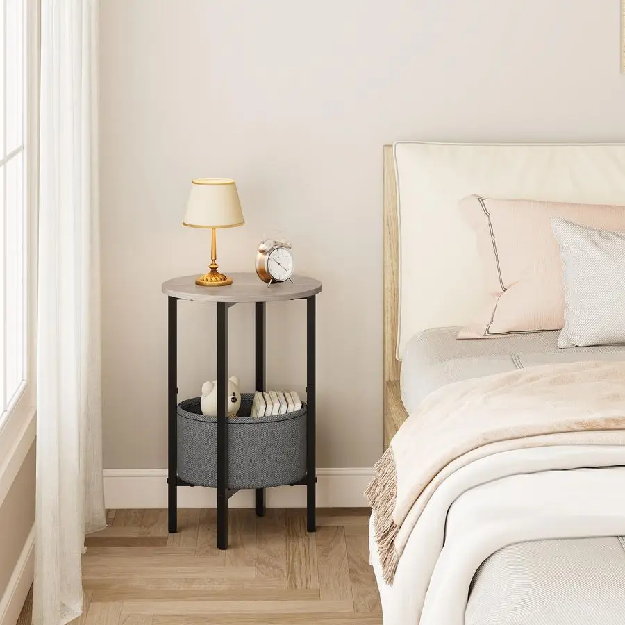 Round Side Table End Table with Storage Basket, Small Side Table Round Nightstand for Small Spaces, Tall Oval End Table with Ste