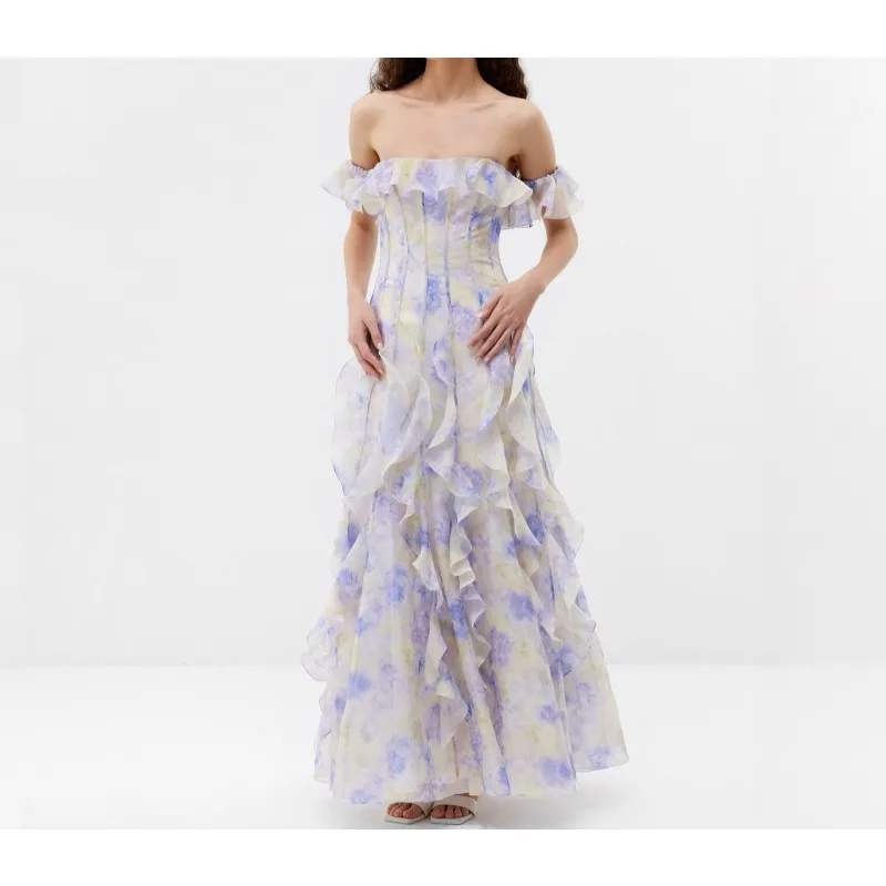 

Seaside Vacation Style Suspender Skirt Yarn French Ruffle Edge Beach Dress Atmosphere Long Dress