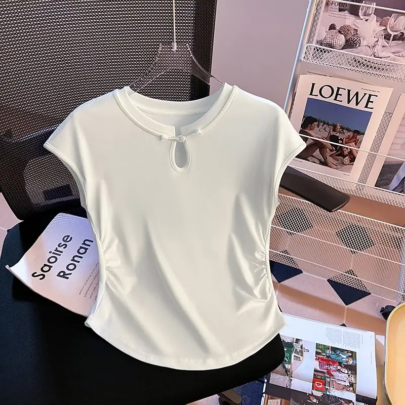 Buckle short-sleeved T-shirt women's summer new retro design sense fold waist short small flying sleeve top. women clothing