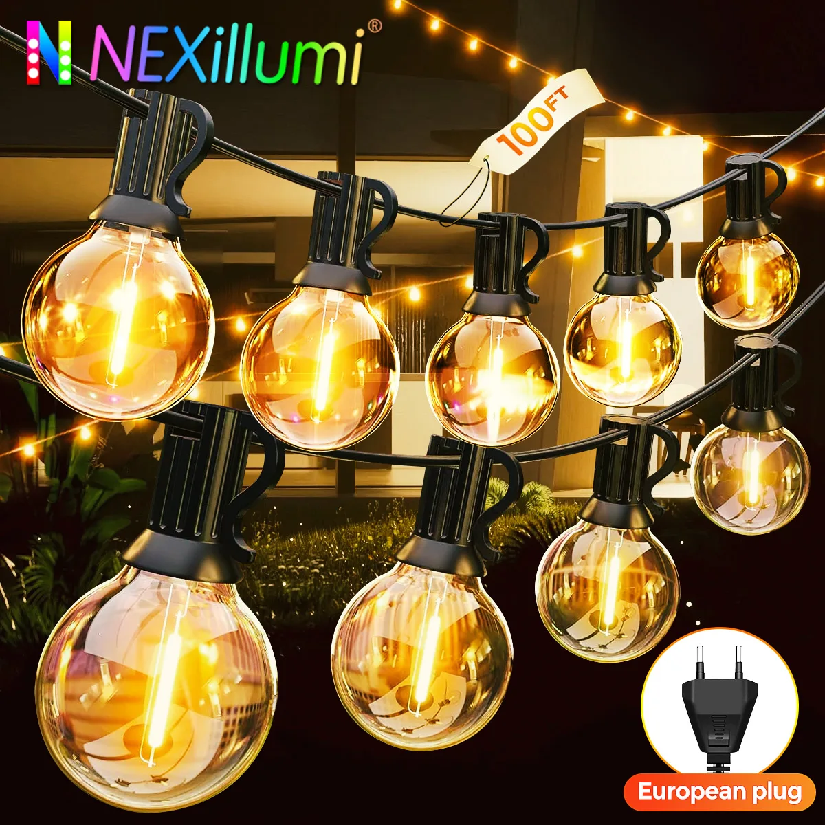 30M G40 LED Globe String Lights Outdoor, IP65 Plastic Bulbs, Balcony Garland Fairy Lamps for Wedding Christmas Party Decoration