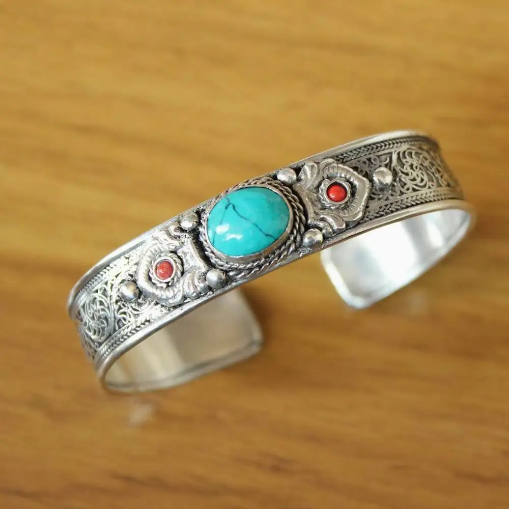 BR488 Ethnic Tibetan Silver Inlaid Turquoises Stone Filigree 14mm Open Back Women Cuff Bracelet