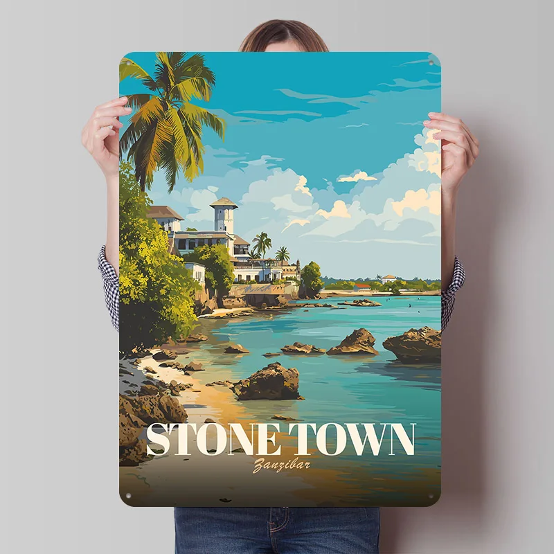 Stone Town Zanzibar Travel Poster Customized Vintage Metal Signs Wall Art Retro Tin Plaque for Home and Garden Desk Decor Items