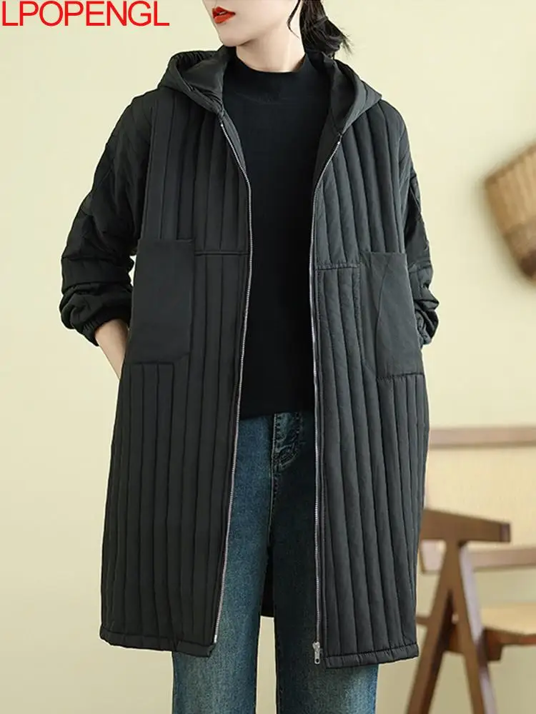 Women\'s 2024 Autumn And Winter New Thickened Hooded Mid-length Warm Long Sleeves Cotton Trench Temperament Versatile Loose Coat