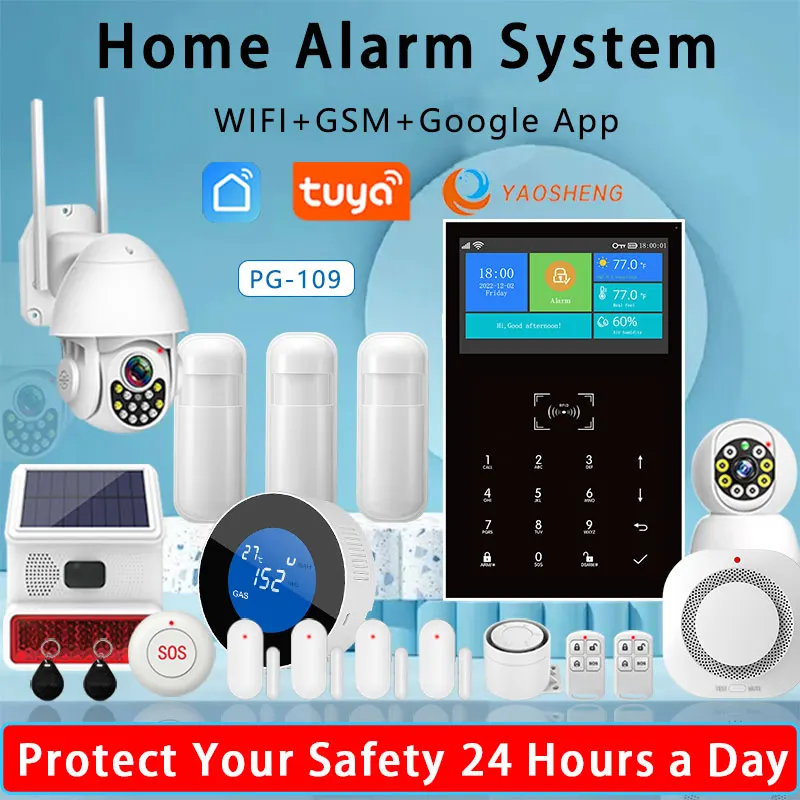 YAOSHENG Tuya Wireless Burglar Alarm 109 With 4.3-inch screen 2G GSM System Smart Home Security System Suppor Alexa&Google Home