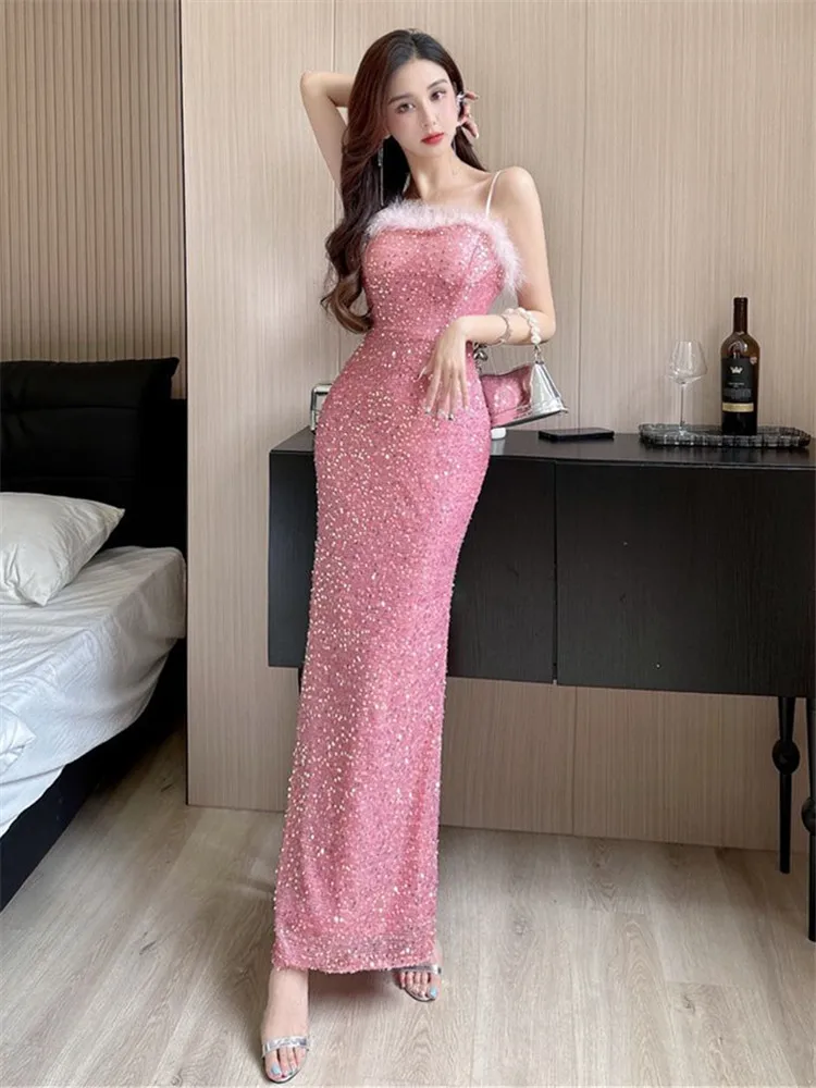 

Sexy Dress Women's Summer New Solid Color Sequin Diamond Sleeveless Halter Long Fishtail Skirt Female Clothing M274