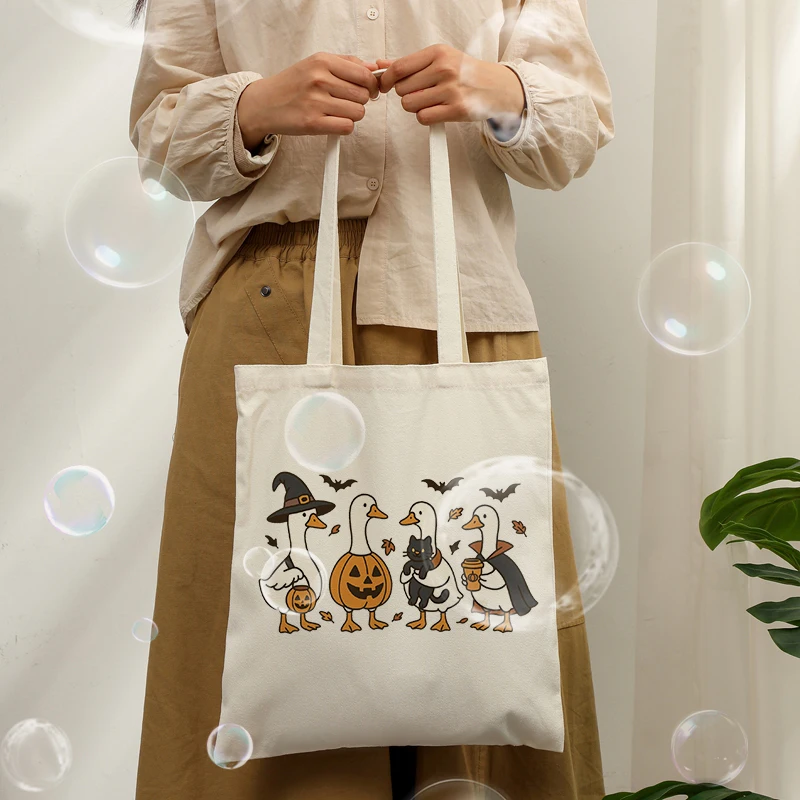 Cute Halloween Goose Tote Bag, Witch Duck Black Cat Print, Fall Autumn Reusable Shopping Bag