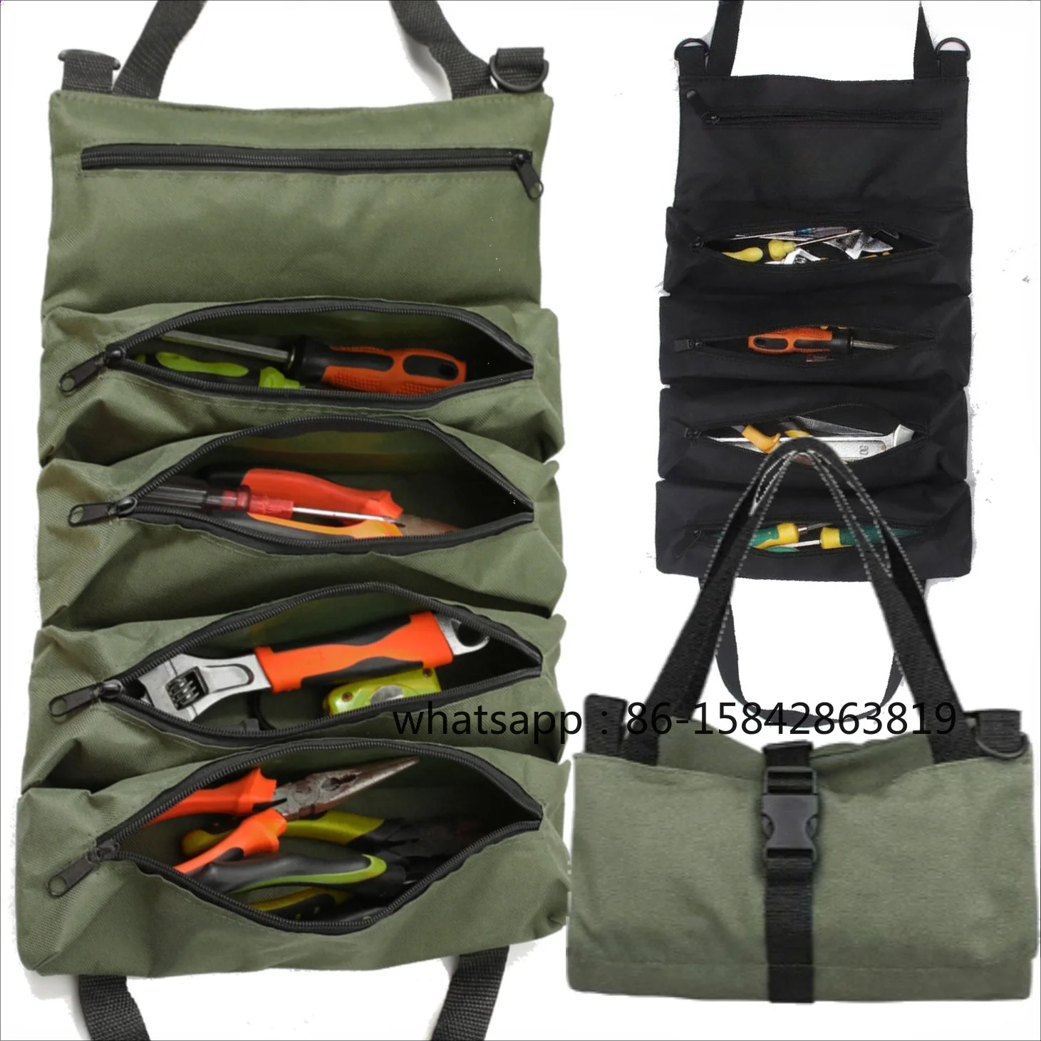 Heavy-Duty Roll-Up Tool Bag - Oxford Fabric Multi-Tool Organizer All-in-One Garage Storage for Mechanics/Electricians/Carpenters