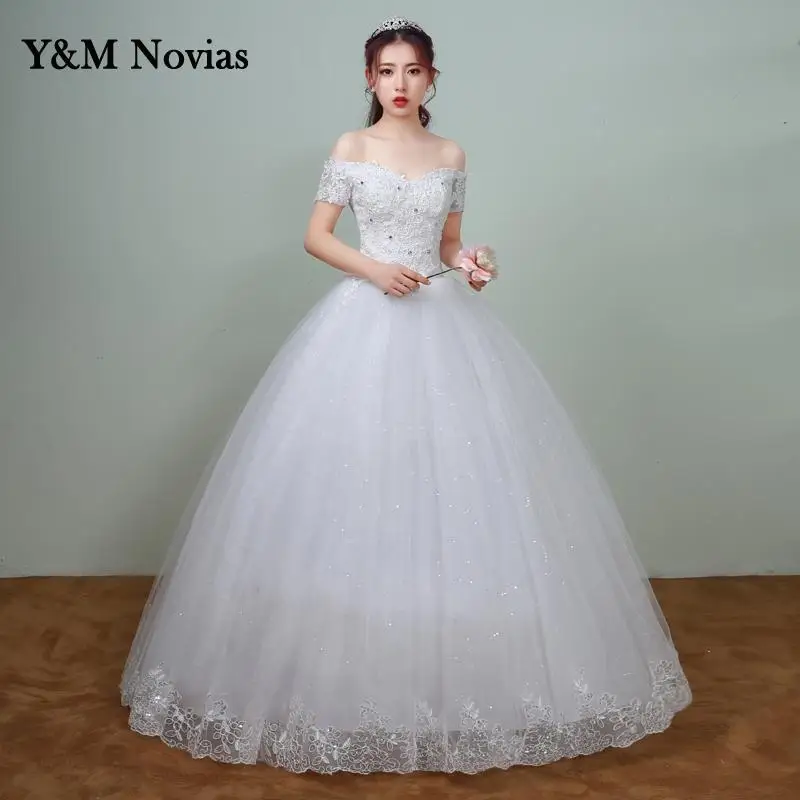 Off Should White Wedding Dress 2025 New Korean Style Lace Appliques vestidos de noiva Boat Neck Bridal Dress Custom pluse size