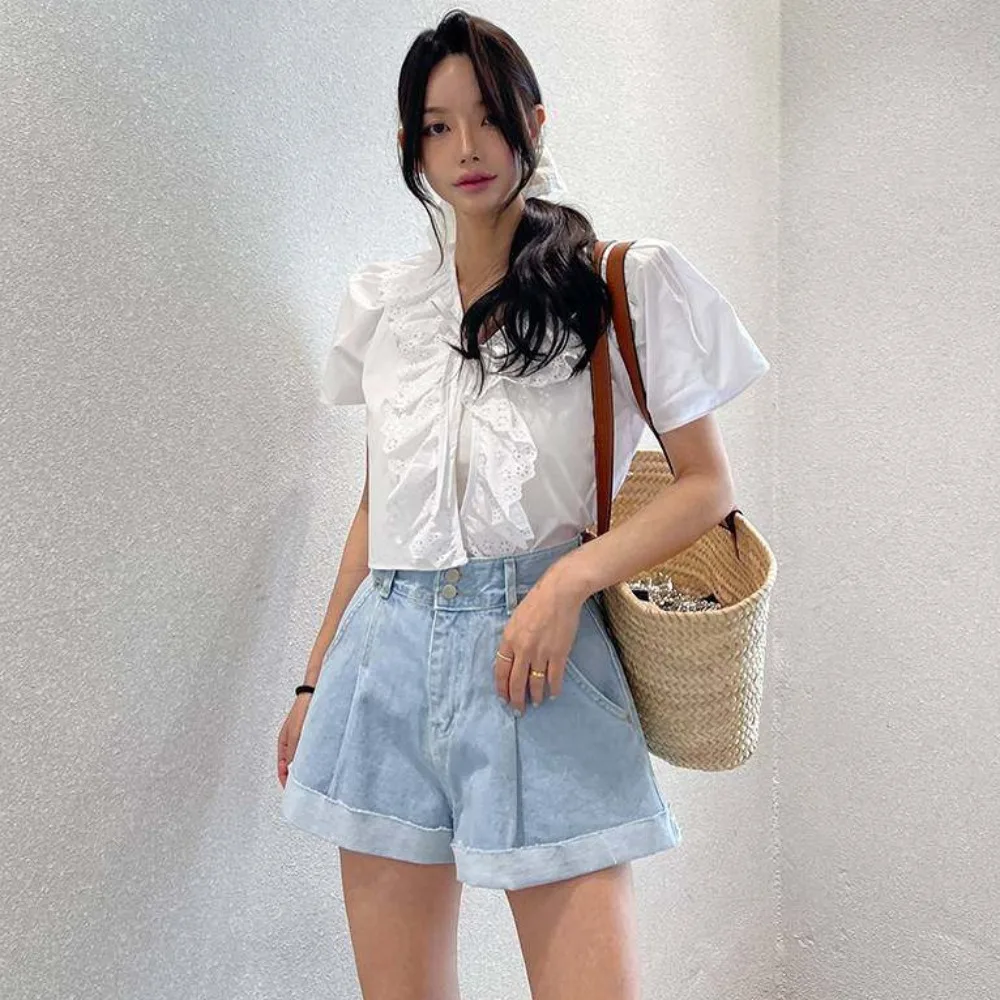 2026 Summer New Chic High Waist Pleated Wide Leg Cuffed   Denim Shorts Women's Fashion Washed Cotton Standard Fit Jeans