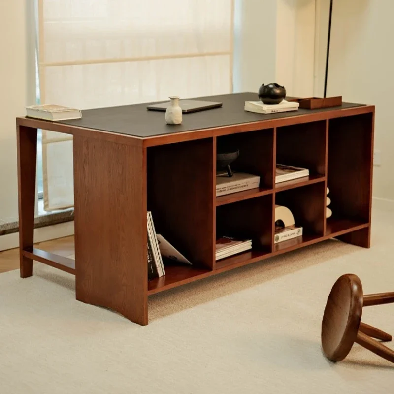 Desk household medieval wabi-sabi wind all solid wood writing desk bookcase integrated desk retro furniture