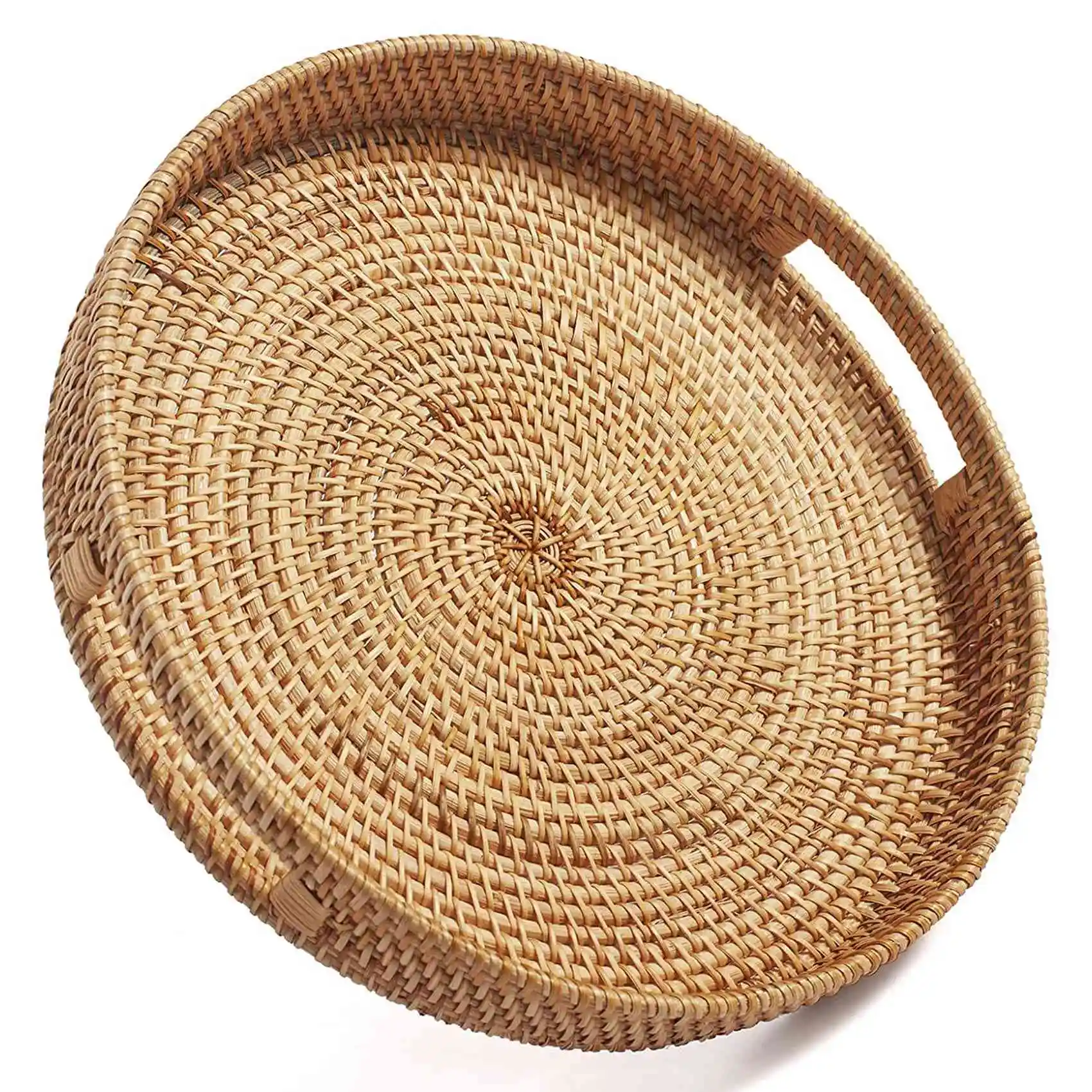 Round Rattan Serving Tray Decorative Woven Ottoman Trays with Handles for Coffee Table Natural(Large)