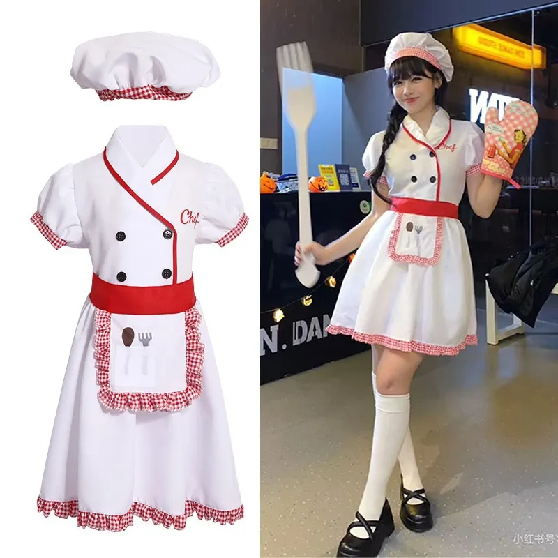 

Girls Boys Kitchen Cooking Uniform Chef Costume Hallloween Cosplay Play House Performance Outfit Cook Shirt Dress Apron Set