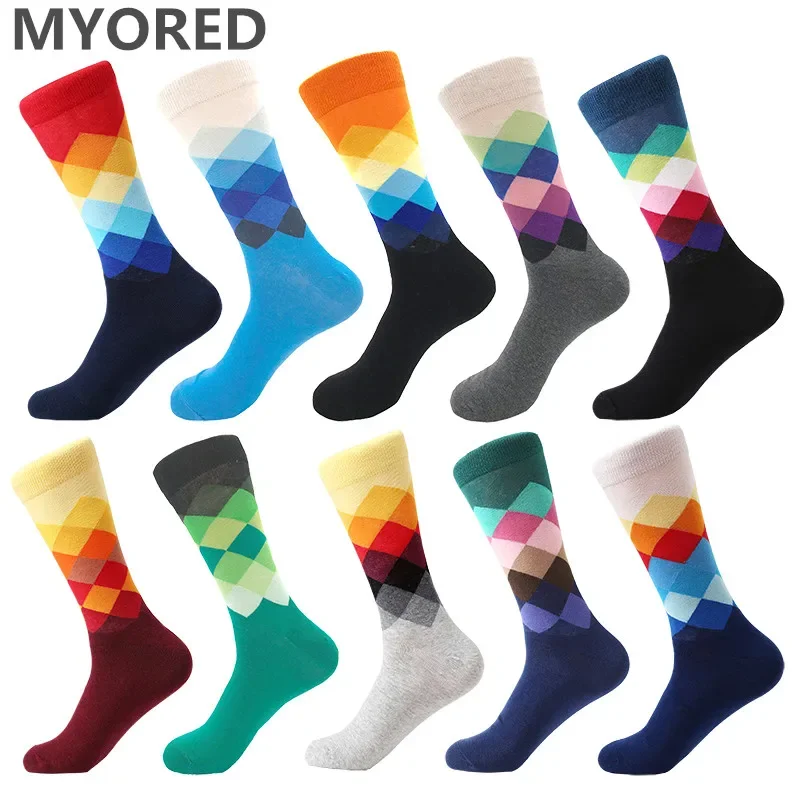 MYORED10pairs mens colorful casual dress socks combed cotton striped plaid geometric lattice pattern fashion design high quality