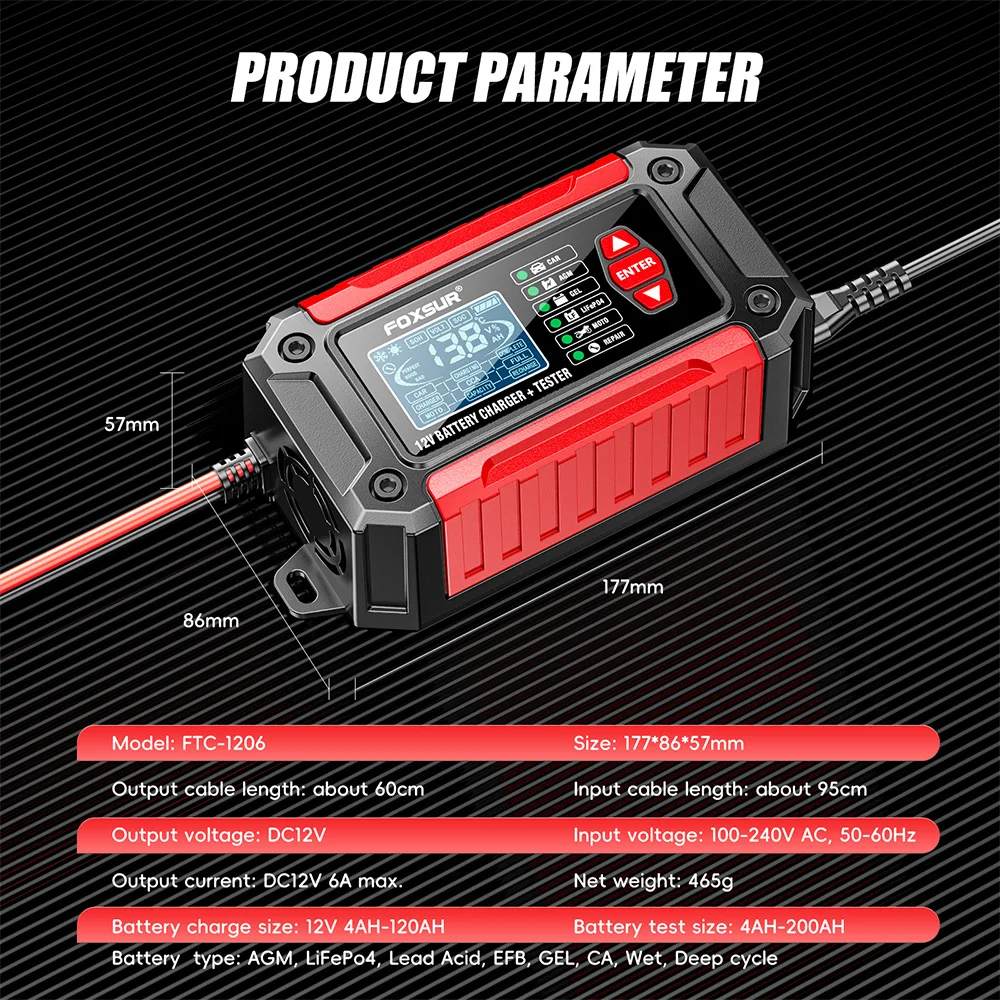 FOXSUR 2 in 1 battery tester + battery analyser, 12V car motorcycle lead acid AGM Deep cycle  LiFePo4 Smart Battery Charger