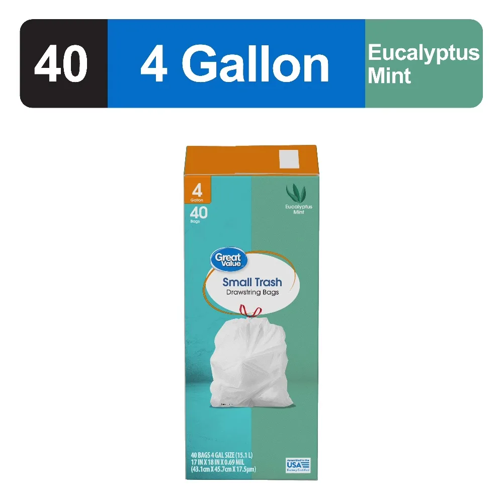 4-Gallon Small Drawstring Trash Bags, Eucalyptus Mint Scent, 40 Bags for Kitchen Bathroom Office, Strong Leak Proof, Fresh Scented Garbage Bags, Compact Size, Easy Tie and Lift