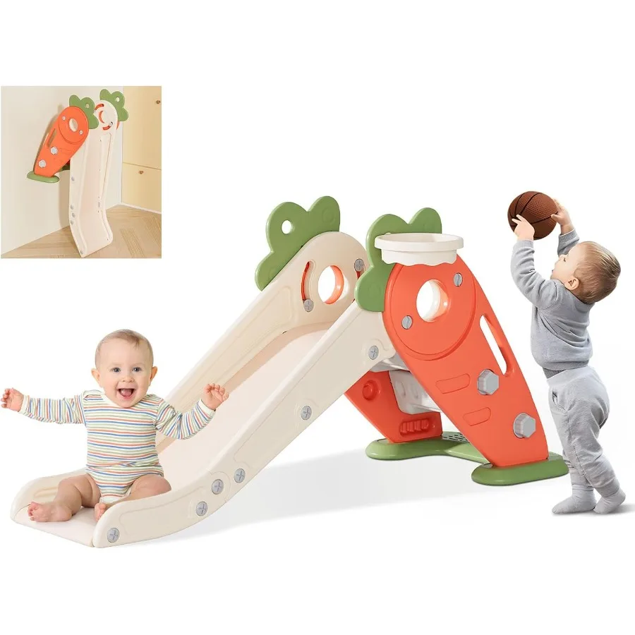 BIERUM Toddler Slide 3 in 1 Indoor Foldable Slide for Toddlers Age 1-2 Carrot Theme Freestanding Slide Baby Play Slide Indoor a