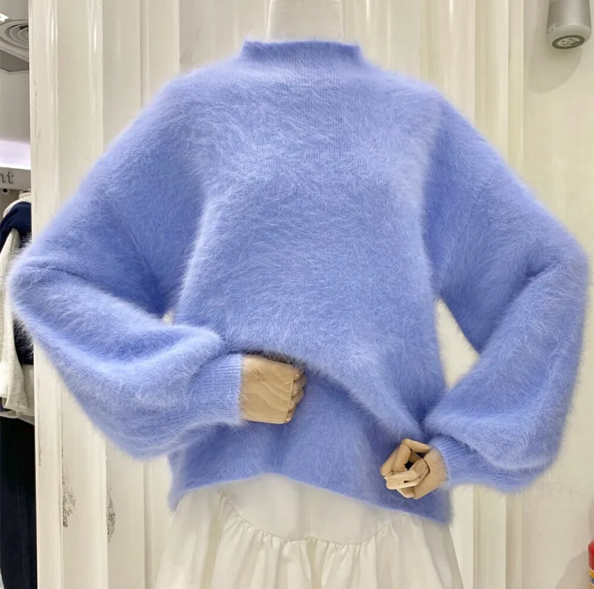 2022 Fashion Autumn Winter Blue Knitted Mohair Pullovers Korean Women Soft Mink Cashmere Mock Neck Lantern Sleeve Loose Sweaters