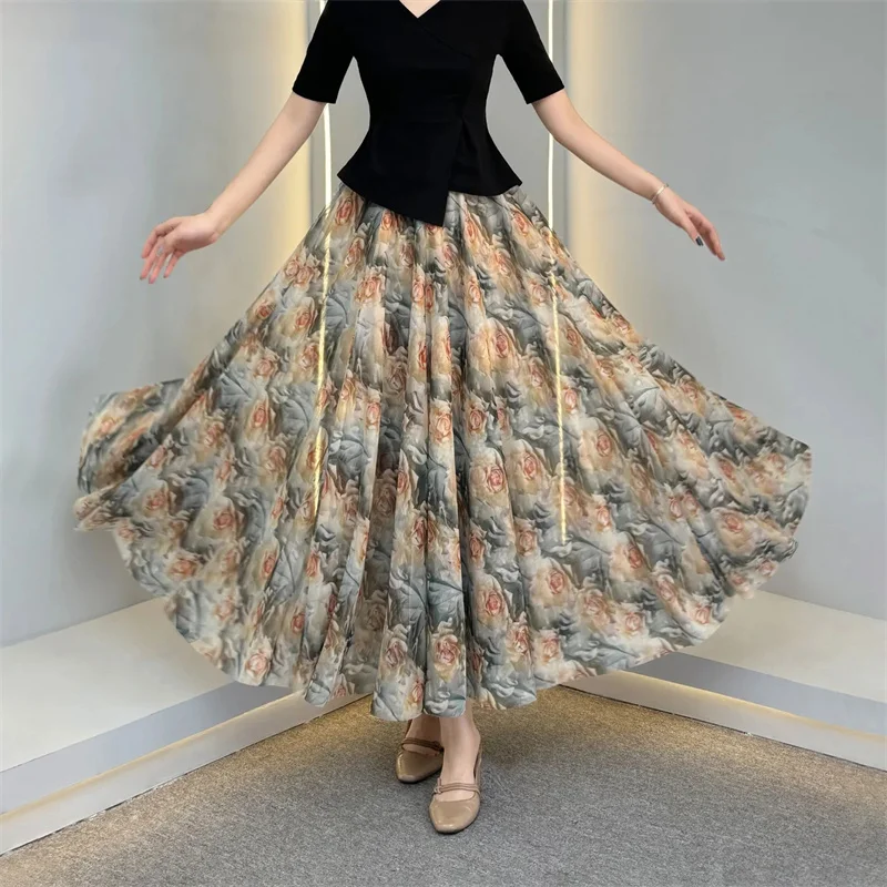 2025 Women High Waist Big Hem Maxi Skirt Korean Ladies New Printing Gauze Maxi Skirt Summer Female Fashion A-line Long Skirts