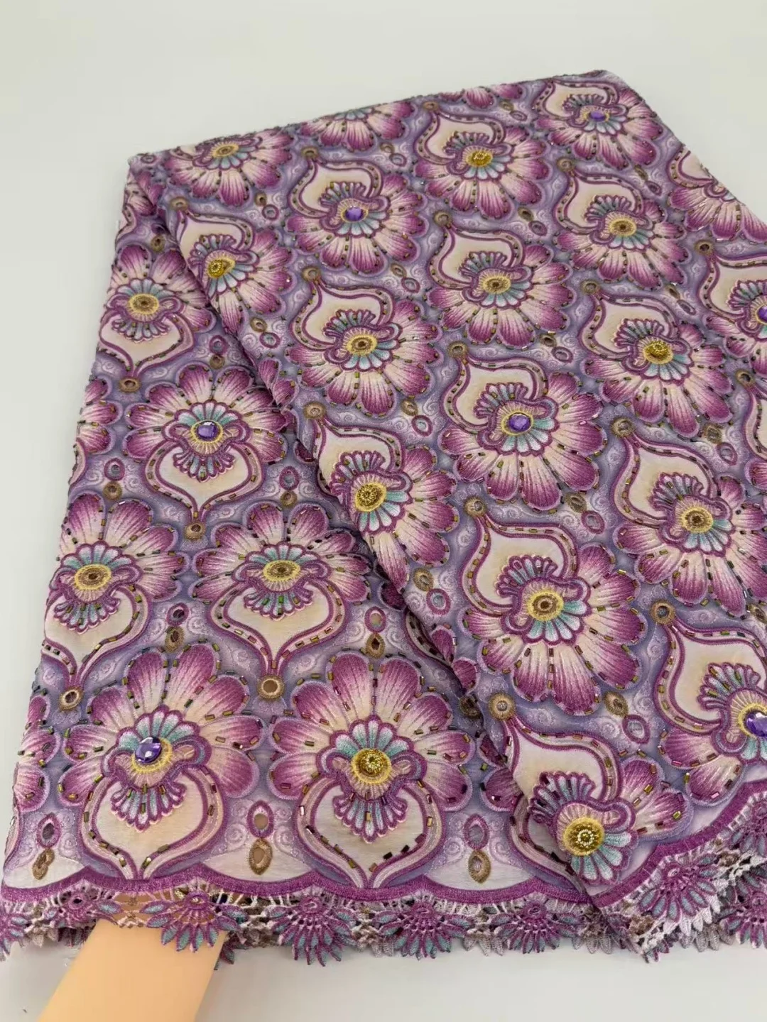 5 Yard Heavy Stones Swiss Voile Lace Custom-shaped Diamonds Embroidery African 100% Cotton High Quality Dubai Style