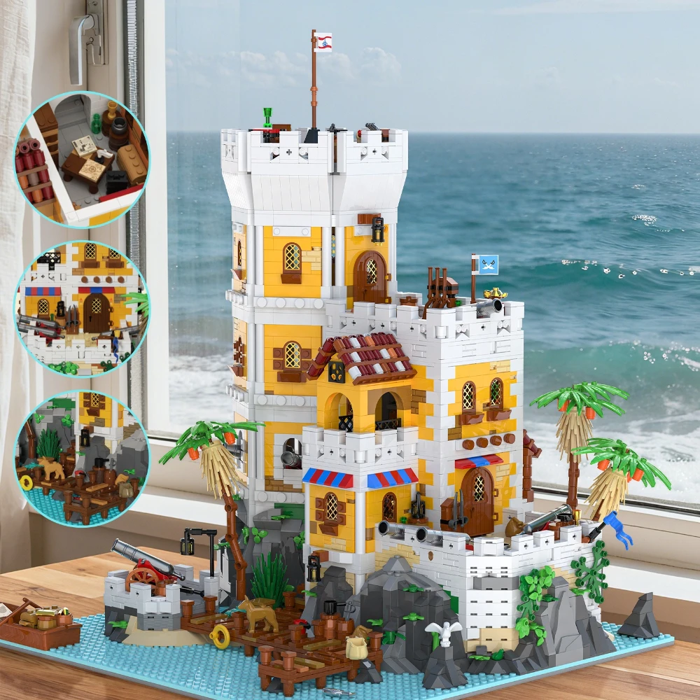 

MOC 2026 Pirate Maritime Fortress Priso Island On Sea Building Block Set Watchtower Castle Fort With Light Toy For Birthday Gift