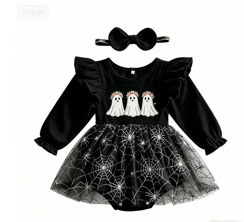 Newborn Girl Outfit, Long Sleeve Crew Neck Pumpkin/Ghost Tulle Patchwork Romper Dress with Headband Halloween Clothes