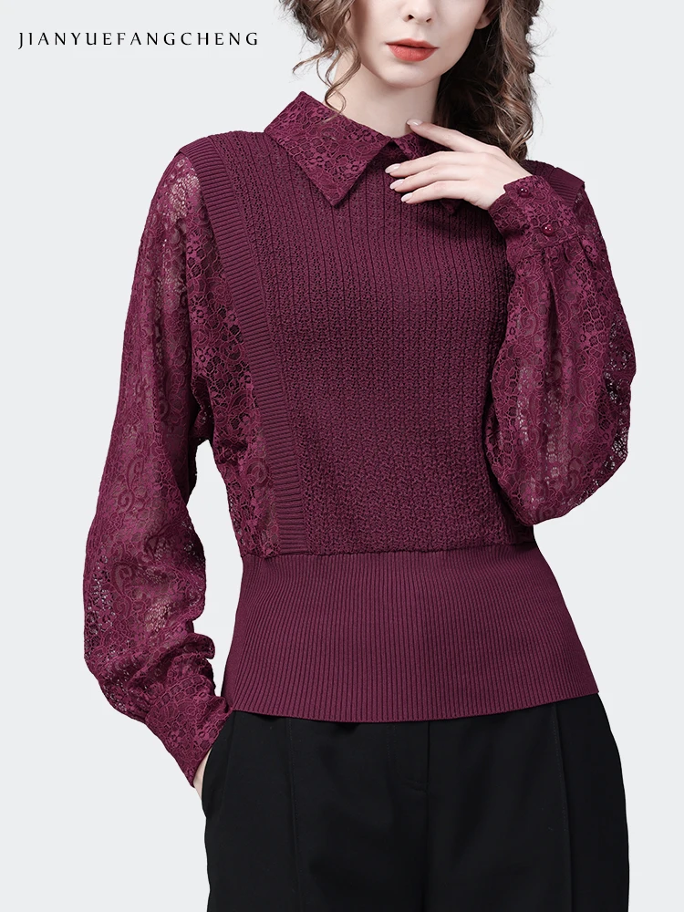 Women Fall Winter Wine Red Lace Sleeve Ponited Collar Knitted Sweater Vintage Fake Two Pieces Design Pullovers Tops