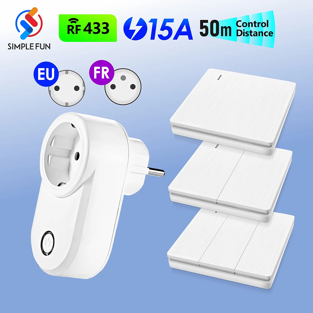 

RF Smart Plug Electrical Outlet 433Mhz 220V 15A Socket with Wireless Push Button Wall panel Switch for Light,Home Appliance