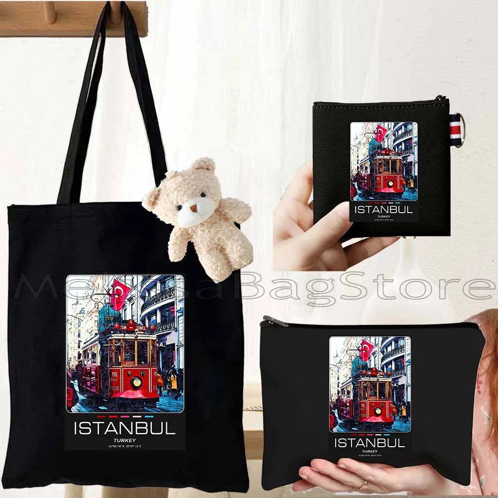 

4PCS Cute Gifts Set Istanbul City Black Canvas Tote Bag Handbag with Doll Key Coin Purse Cosmetic Makeup Toilet Bag Case Pouch