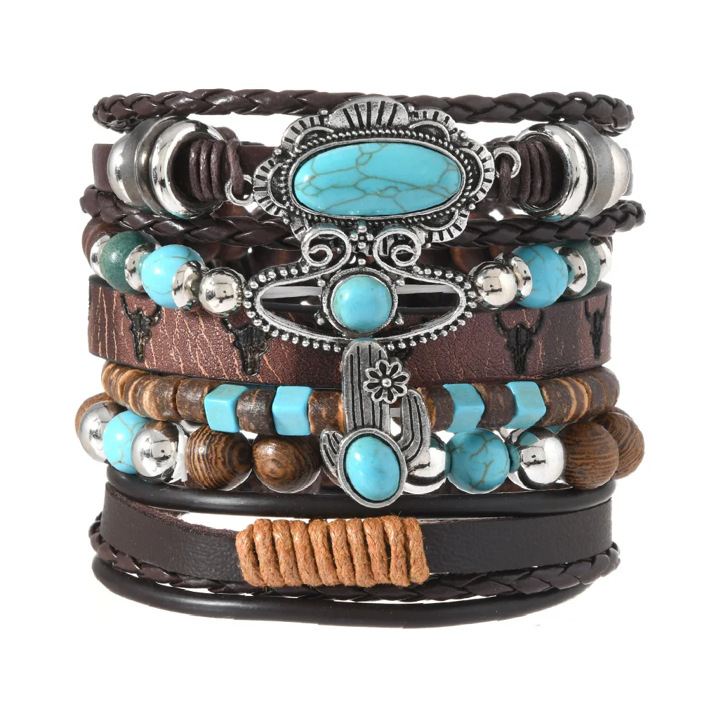 Men's Cactus Turquoise Leather Wooden Beads Multi-layer Accessories Set