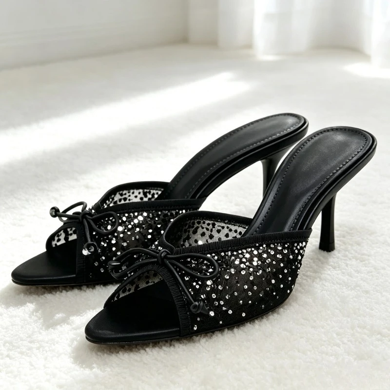 

Luxury Rhinestone Mesh Pointed Toe Heeled Slippers Women Bowknot Decoration Sexy Backless Elegant High Heels Party Dress Sandals