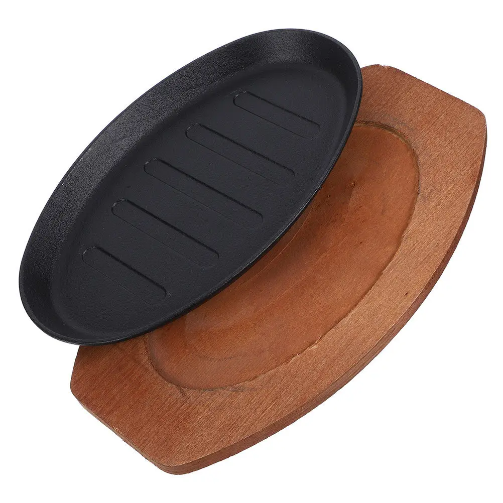Platos para servir carne de hierro fundido, plato sizzling con base de madera de 12 pulgadas, plato para fajitas Teppanyaki