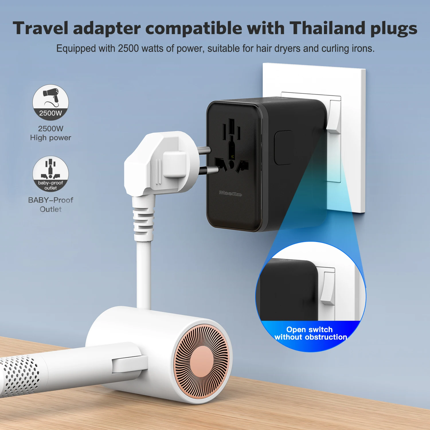 MeeGoo Universal Travel Adapter, 2500W AC Outlet, 12W USB Charging, 1A1C, Global Plug for 180+ Countries, Black US EU UK AUS